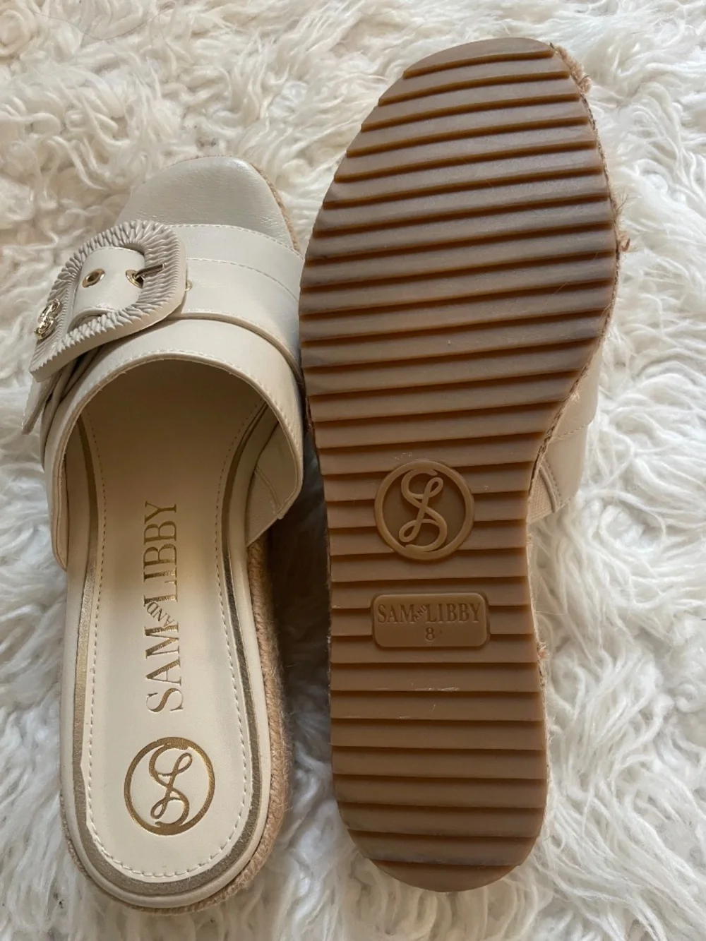 Sam and Libby Crysta Wedge Sandals Womens‎ 8 Ivory Platform Espadrille Buckle